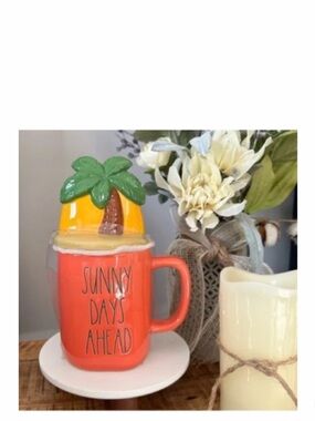 NEW Rae Dunn “Sunny Days Ahead” Ceramic Mug with Palm Tree Topper Lid